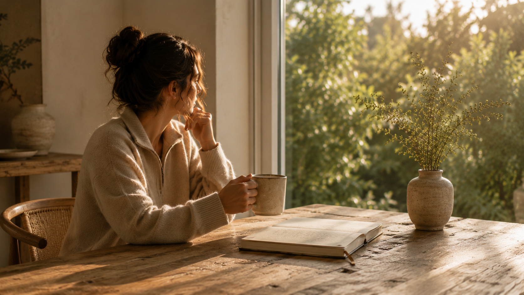 Femme prenant un moment calme près d'une fenêtre